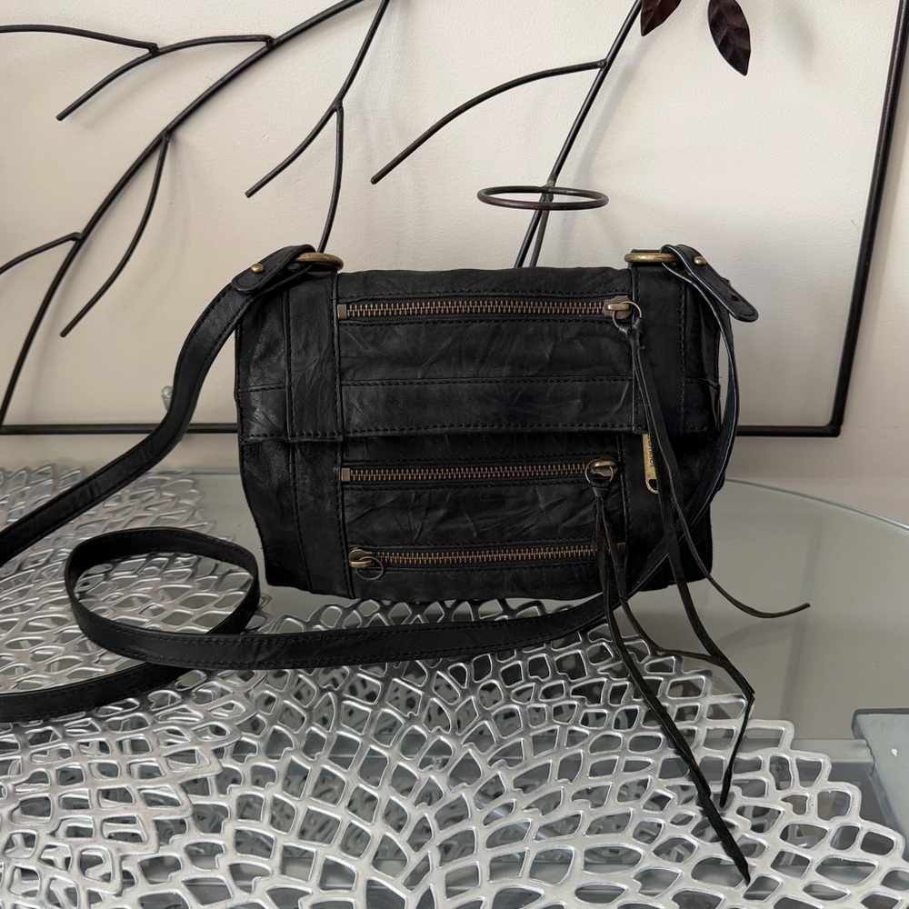 Botkier Vintage Black Distressed Leather Small Crossbody Bag w Zipper Detail